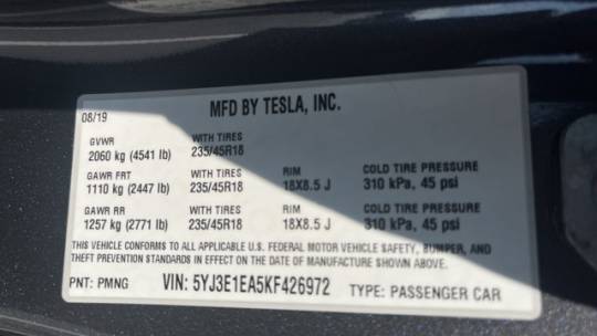 2019 Tesla Model 3 5YJ3E1EA5KF426972