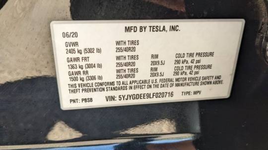 2020 Tesla Model Y 5YJYGDEE9LF020716