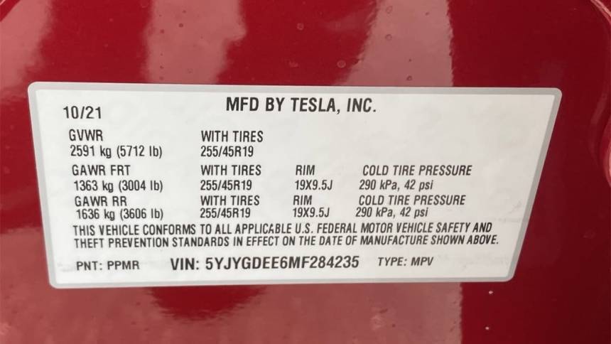 2021 Tesla Model Y 5YJYGDEE6MF284235