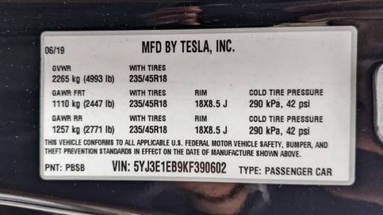 2019 Tesla Model 3 5YJ3E1EB9KF390602