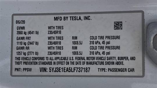 2020 Tesla Model 3 5YJ3E1EA5LF737187