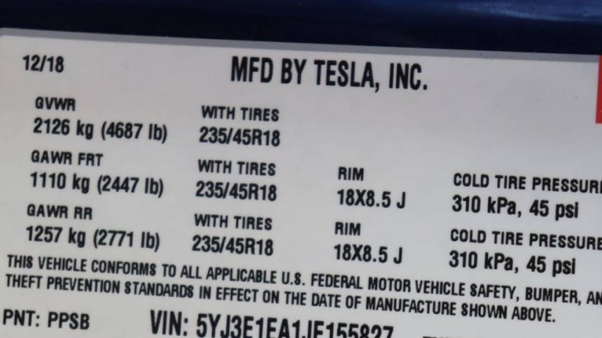 2018 Tesla Model 3 5YJ3E1EA1JF155827