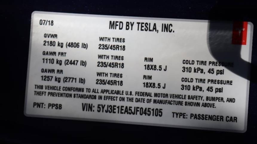 2018 Tesla Model 3 5YJ3E1EA5JF045105