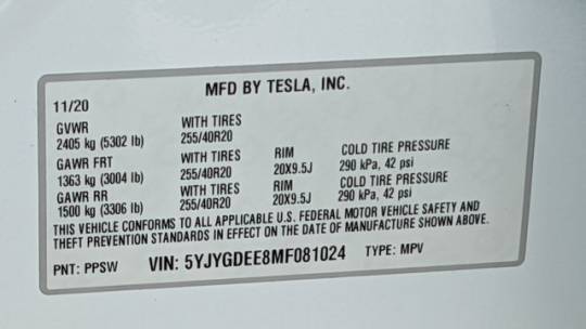 2021 Tesla Model Y 5YJYGDEE8MF081024
