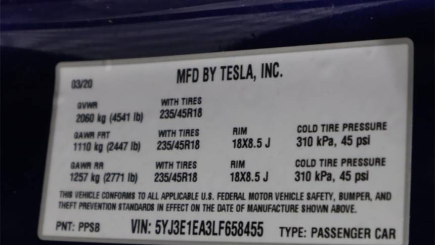 2020 Tesla Model 3 5YJ3E1EA3LF658455