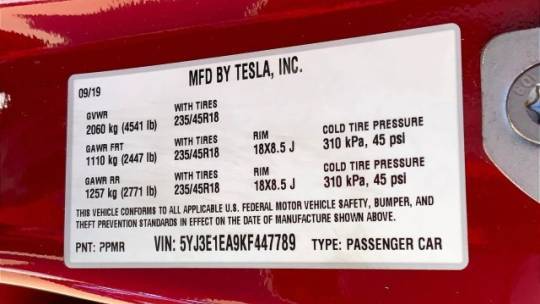 2019 Tesla Model 3 5YJ3E1EA9KF447789