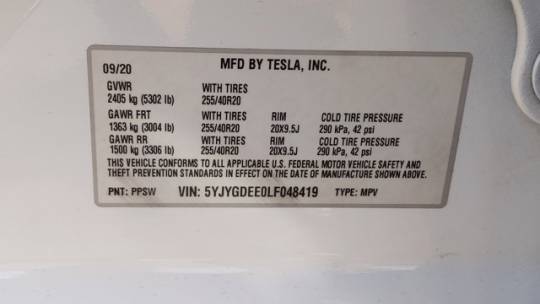 2020 Tesla Model Y 5YJYGDEE0LF048419
