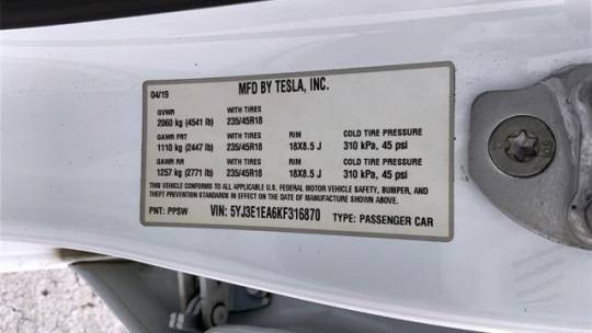 2019 Tesla Model 3 5YJ3E1EA6KF316870