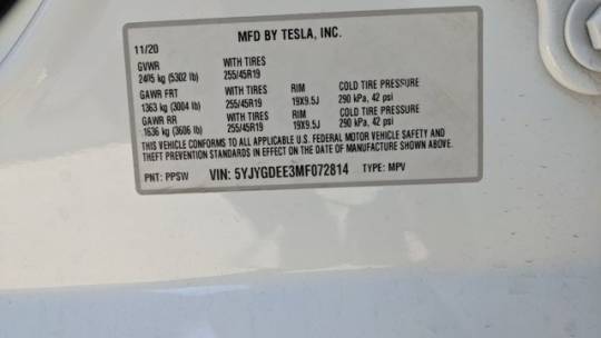 2021 Tesla Model Y 5YJYGDEE3MF072814