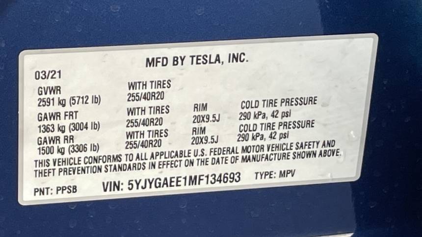 2021 Tesla Model Y 5YJYGAEE1MF134693
