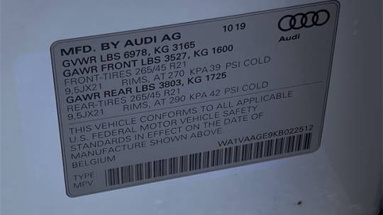 2019 Audi e-tron WA1VAAGE9KB022512