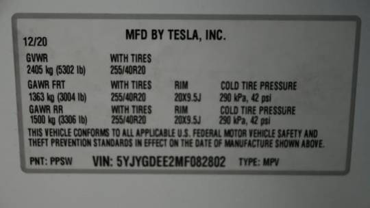 2021 Tesla Model Y 5YJYGDEE2MF082802