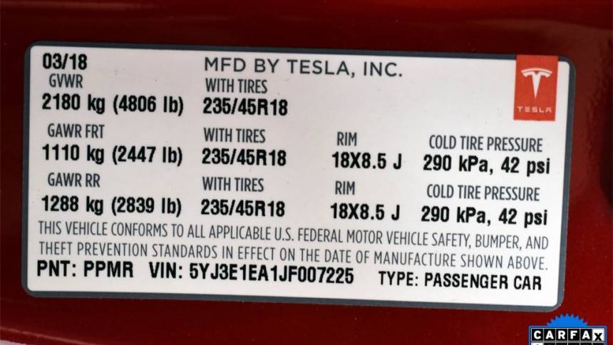 2018 Tesla Model 3 5YJ3E1EA1JF007225