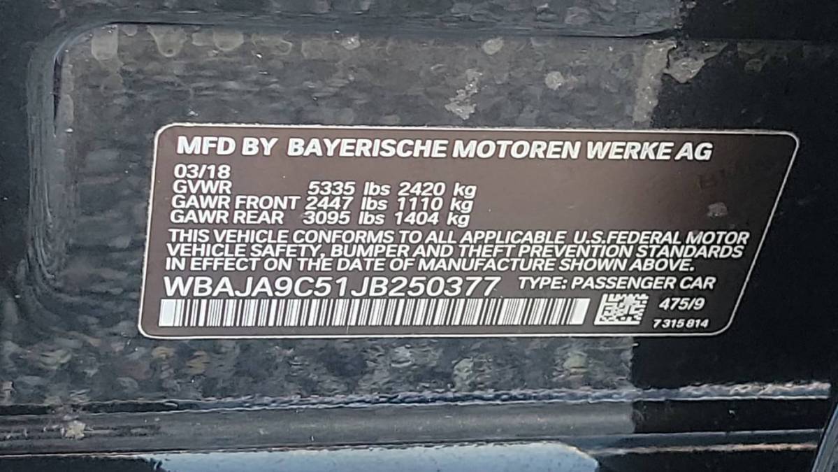 2018 BMW 5 Series WBAJA9C51JB250377