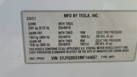 2021 Tesla Model Y 5YJYGDEEXMF144687