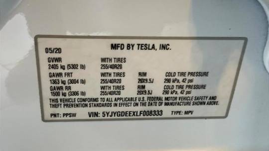 2020 Tesla Model Y 5YJYGDEEXLF008333