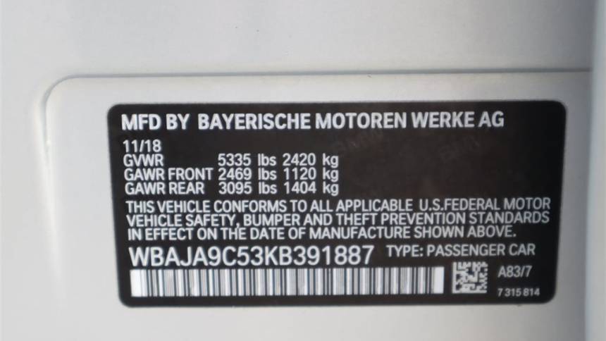 2019 BMW 5 Series WBAJA9C53KB391887