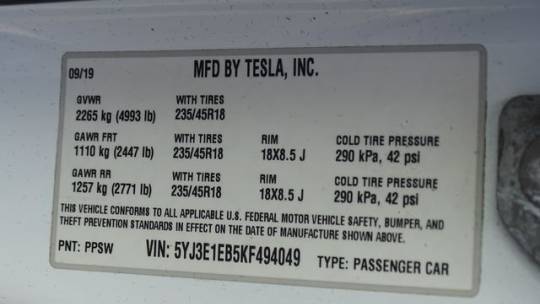 2019 Tesla Model 3 5YJ3E1EB5KF494049