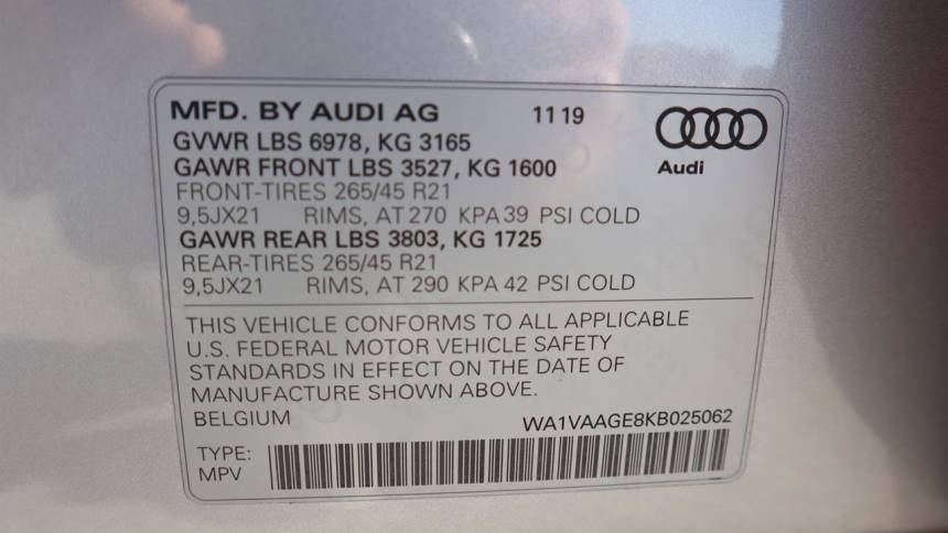 2019 Audi e-tron WA1VAAGE8KB025062