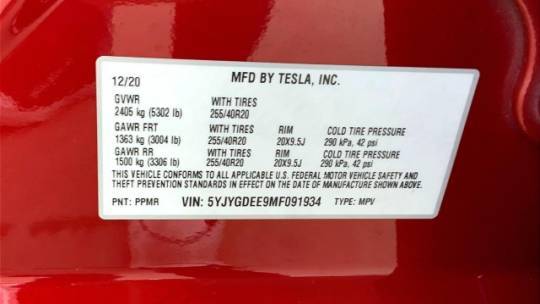 2021 Tesla Model Y 5YJYGDEE9MF091934
