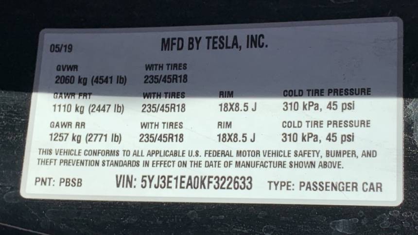2019 Tesla Model 3 5YJ3E1EA0KF322633