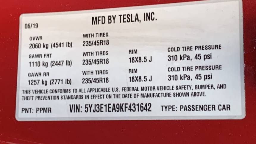 2019 Tesla Model 3 5YJ3E1EA9KF431642