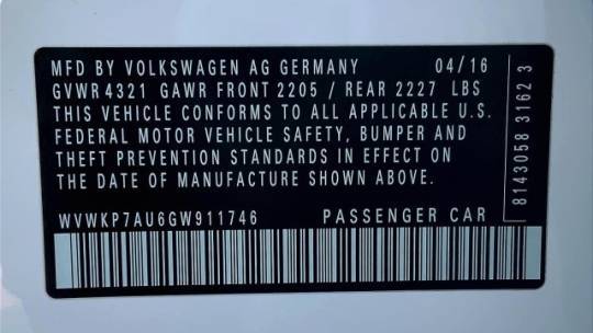 2016 Volkswagen e-Golf WVWKP7AU6GW911746