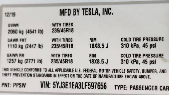 2020 Tesla Model 3 5YJ3E1EA3LF597656