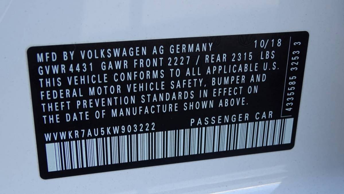 2019 Volkswagen e-Golf WVWKR7AU5KW903222