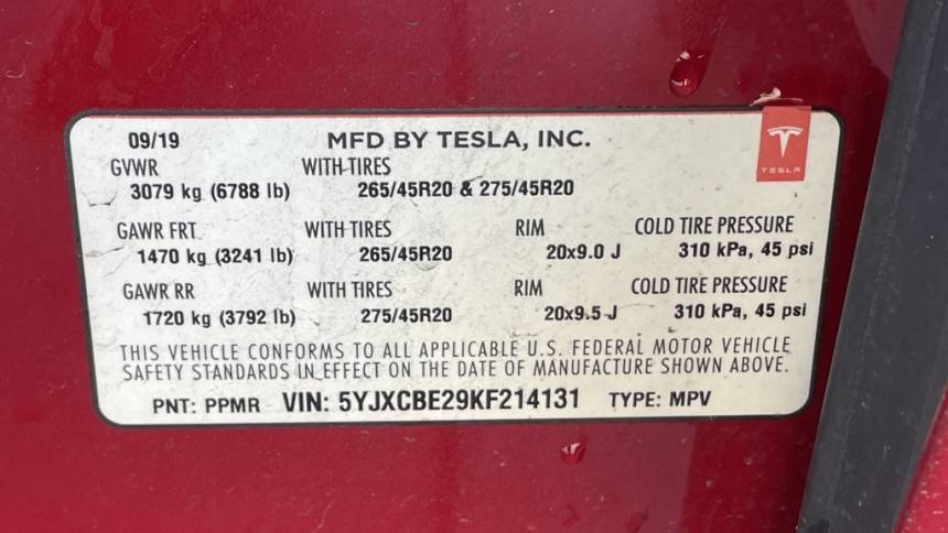 2019 Tesla Model X 5YJXCBE29KF214131