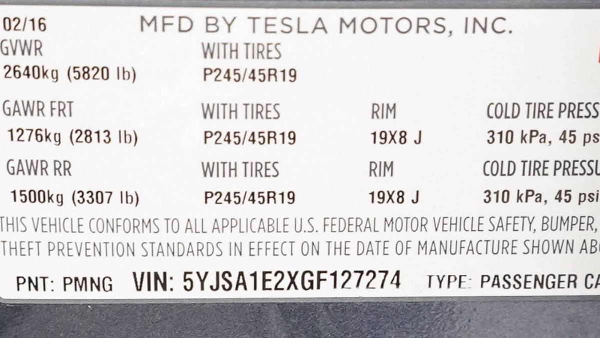 2016 Tesla Model S 5YJSA1E2XGF127274