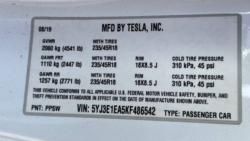 2019 Tesla Model 3 5YJ3E1EA5KF486542