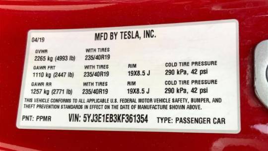 2019 Tesla Model 3 5YJ3E1EB3KF361354