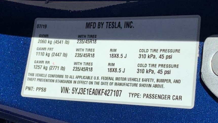 2019 Tesla Model 3 5YJ3E1EA0KF427107