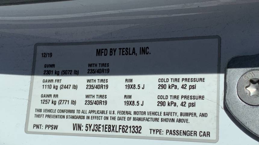 2020 Tesla Model 3 5YJ3E1EBXLF621332