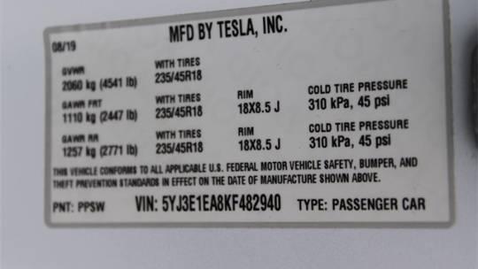 2019 Tesla Model 3 5YJ3E1EA8KF482940