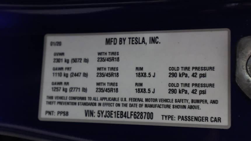 2020 Tesla Model 3 5YJ3E1EB4LF628700