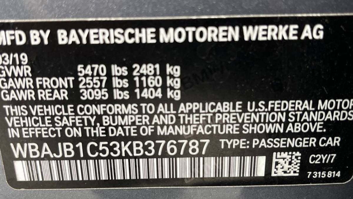 2019 BMW 5 Series WBAJB1C53KB376787
