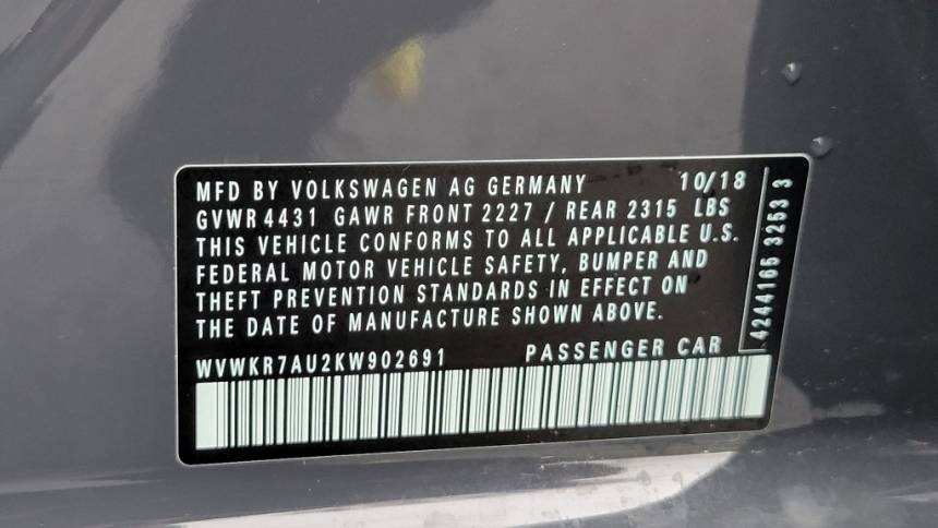 2019 Volkswagen e-Golf WVWKR7AU2KW902691