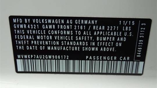 2016 Volkswagen e-Golf WVWKP7AU2GW906172