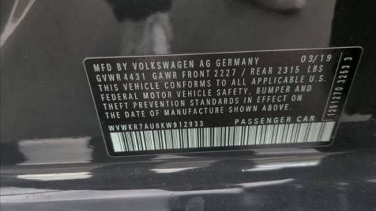 2019 Volkswagen e-Golf WVWKR7AU6KW912933