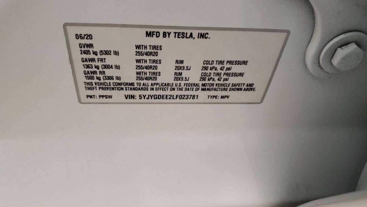 2020 Tesla Model Y 5YJYGDEE2LF023781