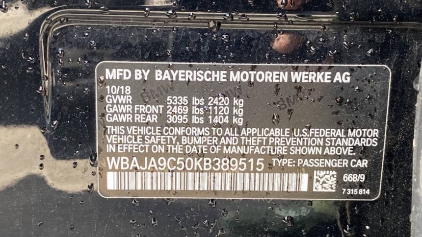 2019 BMW 5 Series WBAJA9C50KB389515
