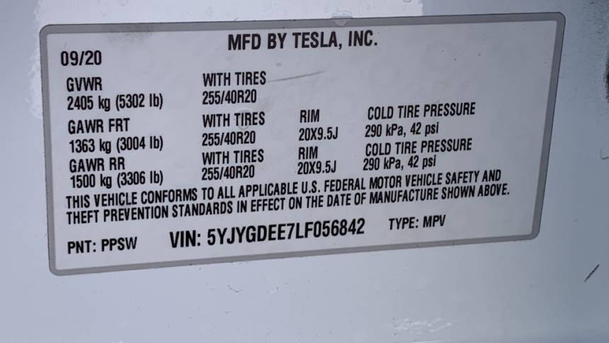 2020 Tesla Model Y 5YJYGDEE7LF056842