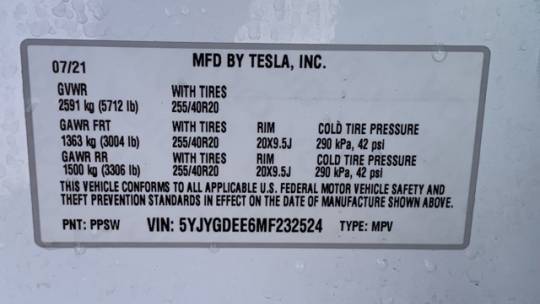2021 Tesla Model Y 5YJYGDEE6MF232524