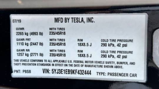 2019 Tesla Model 3 5YJ3E1EB9KF432444