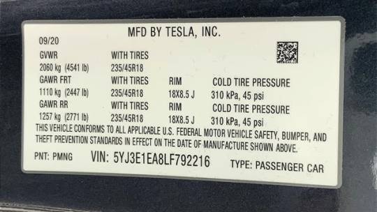 2020 Tesla Model 3 5YJ3E1EA8LF792216