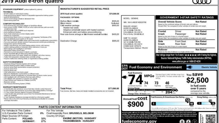 2019 Audi e-tron WA1LABGE1KB020766