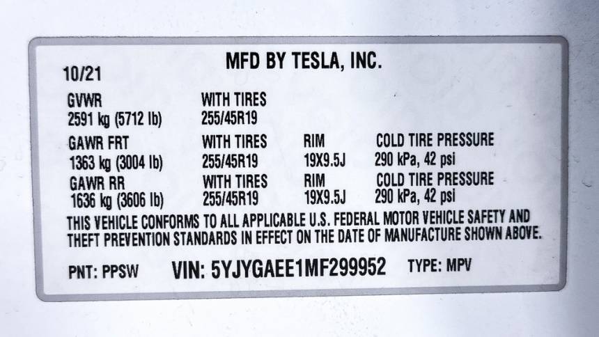 2021 Tesla Model Y 5YJYGAEE1MF299952