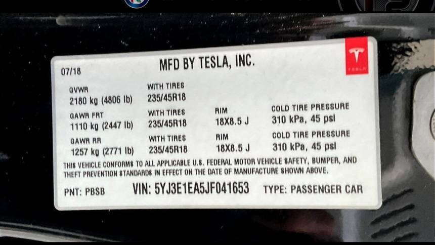 2018 Tesla Model 3 5YJ3E1EA5JF041653